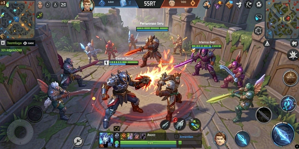 Screenshot 55RT menampilkan aksi pertempuran seru di arena MOBA.