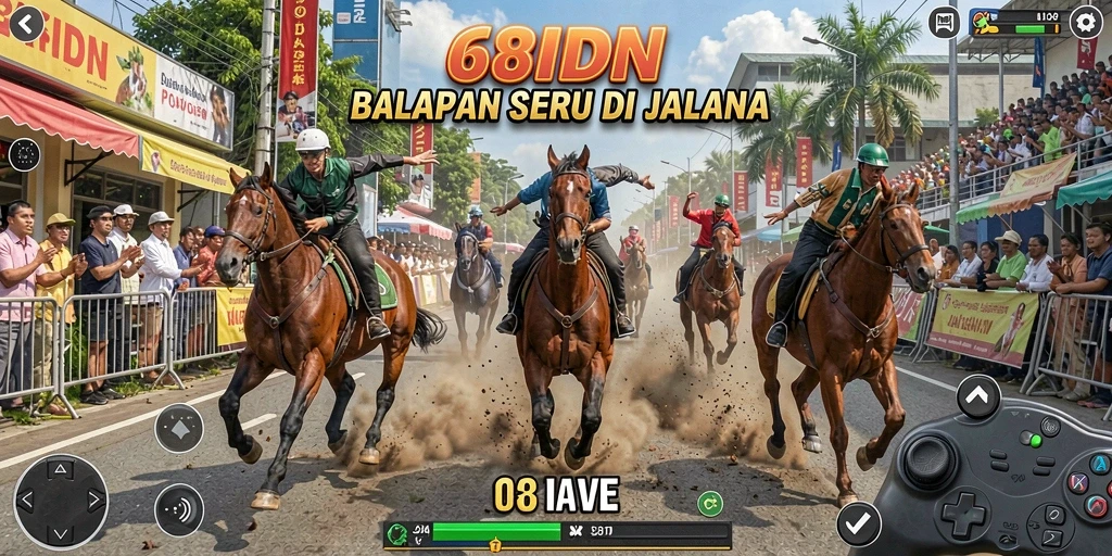 Tampilan gameplay seru dari 68IDN dengan mobil balap di lintasan.