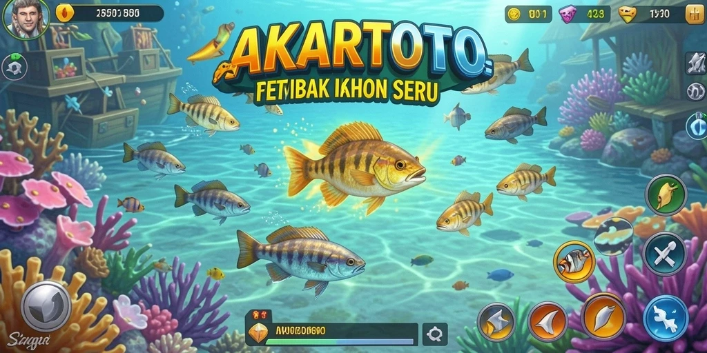 Screenshot gameplay AKARTOTO menunjukkan aksi menembak ikan yang seru.