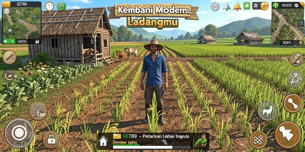 Tampilan gameplay EE789 saat mengelola ladang dan panen hasil pertanian.