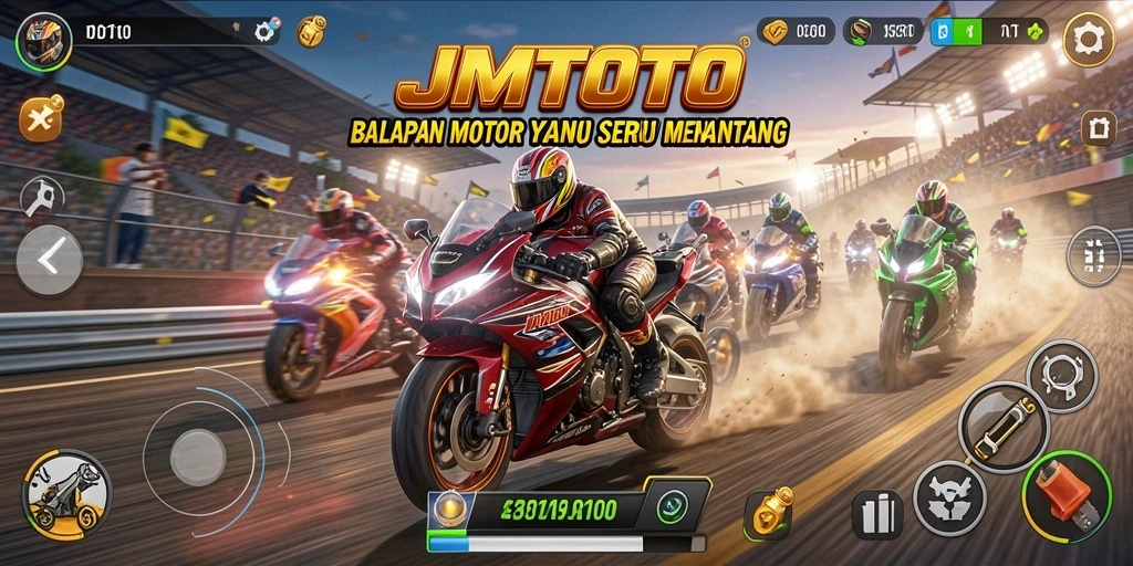 Screenshot JMTOTO menunjukkan aksi balapan motor yang menegangkan.