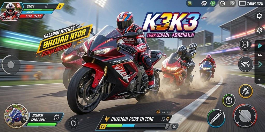 Tampilan gameplay K3K3 dengan aksi balapan motor yang seru.