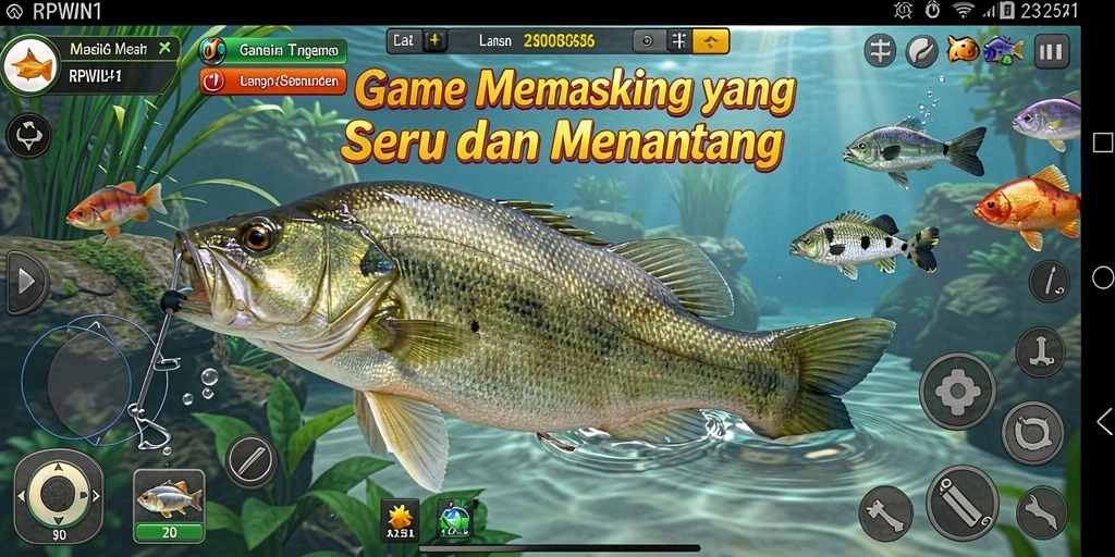 Screenshot gameplay RPWIN1 menampilkan momen seru saat menangkap ikan.