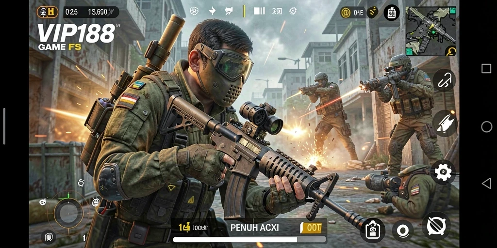 Screenshot gameplay VIP188 menampilkan aksi tembak-menembak yang mendebarkan.
