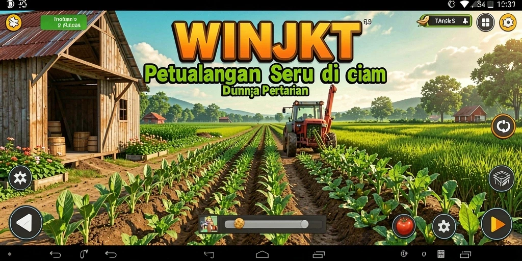 Screenshot gameplay WINJKT yang menunjukkan suasana pertanian yang ceria.